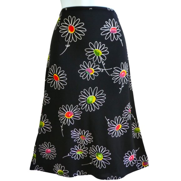 Vintage 90s Black Mod Flower Skirt Harolds Side Zip A Line Knee Stretch 4 - Picture 1 of 5